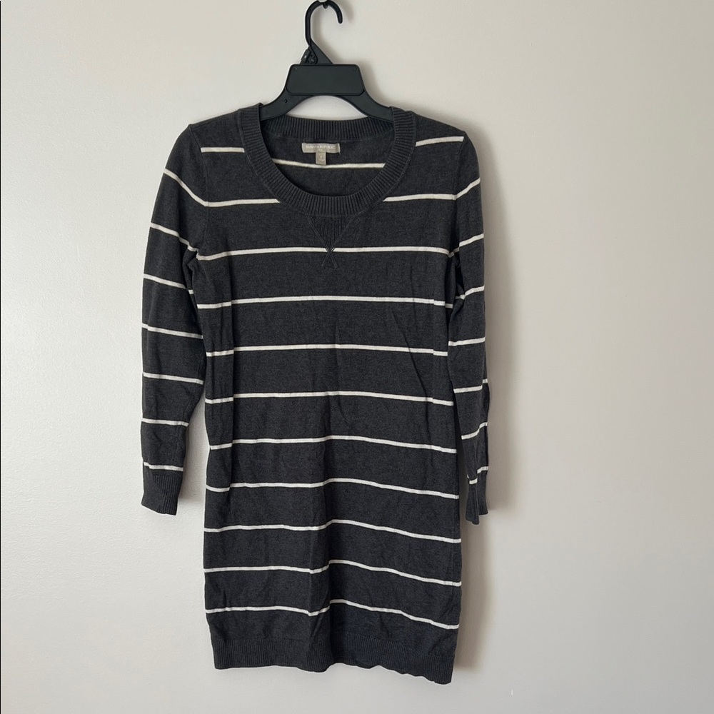 Banana Republic Gray and White Striped Long-Sleeve Sweater Dress